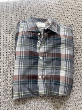 Billy Reid Gray, Brown and Green Plaid Button-Down Shirt